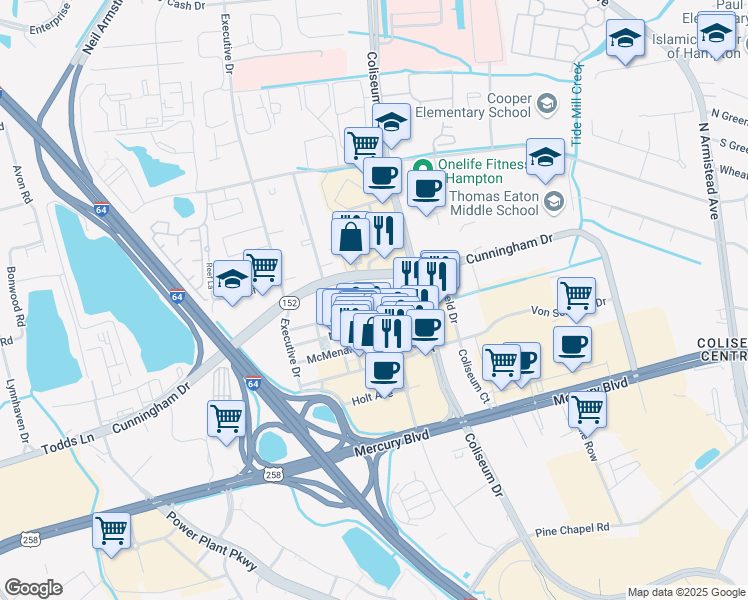 map of restaurants, bars, coffee shops, grocery stores, and more near 2071 Coliseum Drive in Hampton