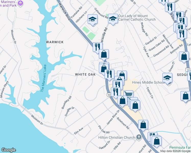 map of restaurants, bars, coffee shops, grocery stores, and more near 145 Nelson Drive in Newport News
