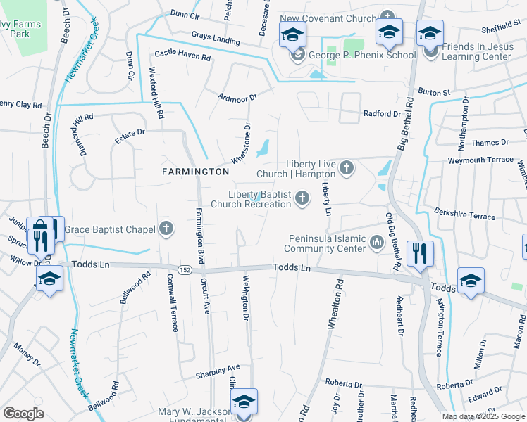 map of restaurants, bars, coffee shops, grocery stores, and more near 2 Arrowwood Court in Hampton