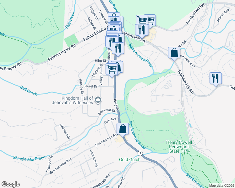 map of restaurants, bars, coffee shops, grocery stores, and more near 5854 California 9 in Felton