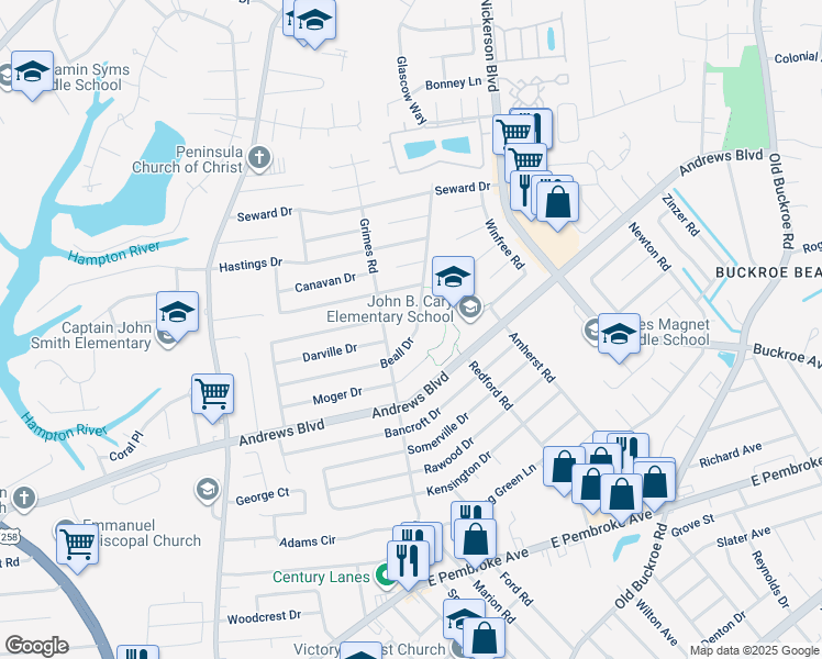 map of restaurants, bars, coffee shops, grocery stores, and more near 1913 Beall Drive in Hampton