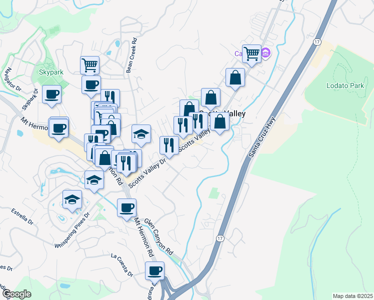 map of restaurants, bars, coffee shops, grocery stores, and more near 4300 Scotts Valley Drive in Scotts Valley