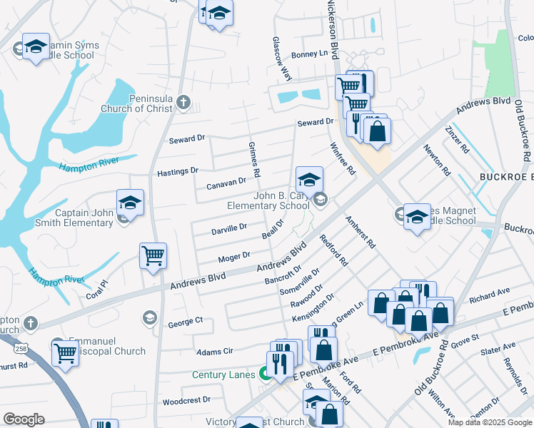 map of restaurants, bars, coffee shops, grocery stores, and more near 1502 Grimes Road in Hampton