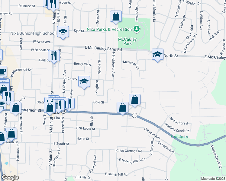 map of restaurants, bars, coffee shops, grocery stores, and more near 204 Wildwood Avenue in Nixa