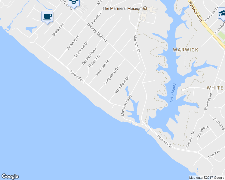 map of restaurants, bars, coffee shops, grocery stores, and more near 115 Woodland Drive in Newport News