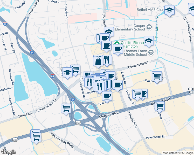 map of restaurants, bars, coffee shops, grocery stores, and more near 100 Cary Street in Hampton