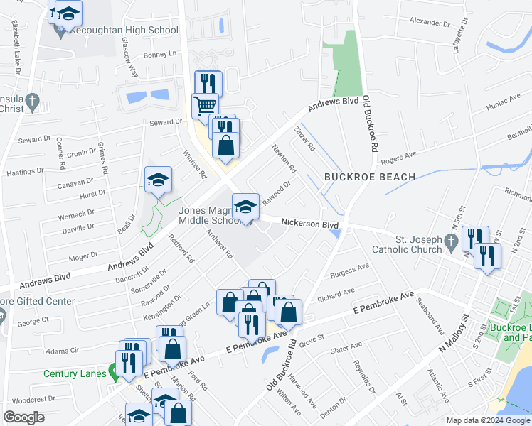 map of restaurants, bars, coffee shops, grocery stores, and more near 1826 Nickerson Boulevard in Hampton