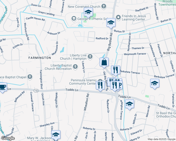 map of restaurants, bars, coffee shops, grocery stores, and more near 214 Maryfield Court in Hampton