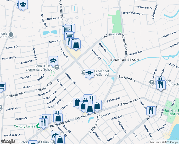 map of restaurants, bars, coffee shops, grocery stores, and more near 1826 Nickerson Boulevard in Hampton