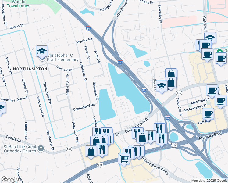 map of restaurants, bars, coffee shops, grocery stores, and more near 123 Reflection Lane in Hampton