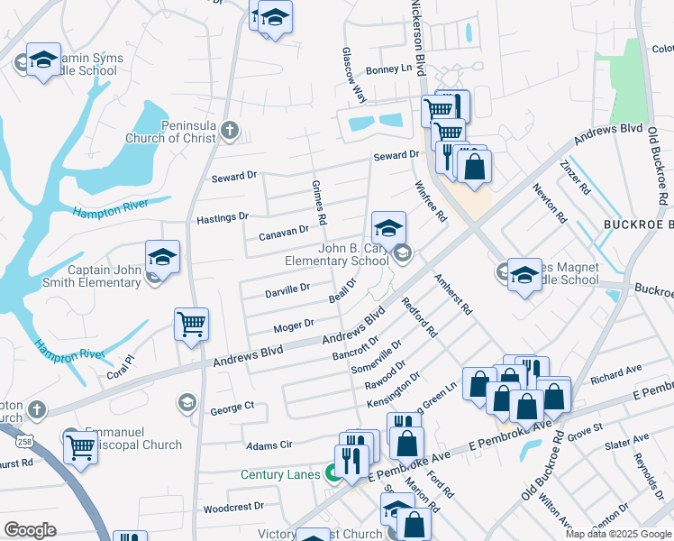 map of restaurants, bars, coffee shops, grocery stores, and more near 1502 Grimes Road in Hampton