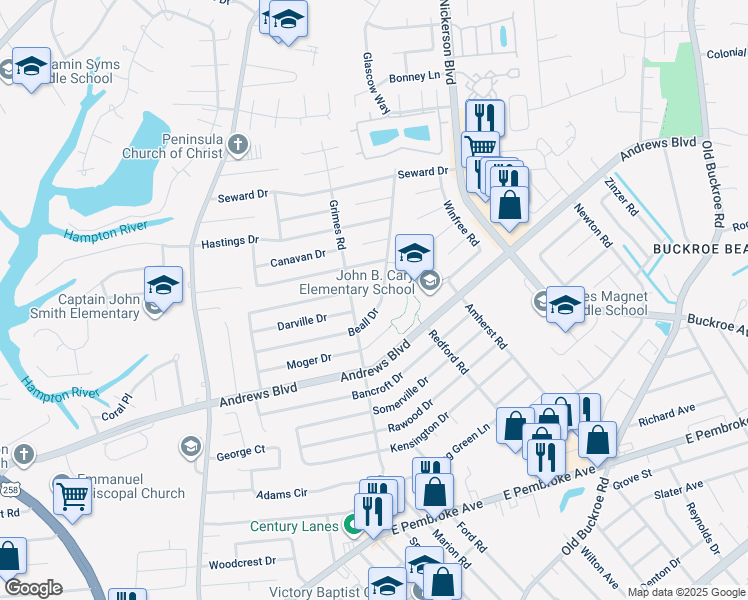 map of restaurants, bars, coffee shops, grocery stores, and more near 1913 Beall Drive in Hampton