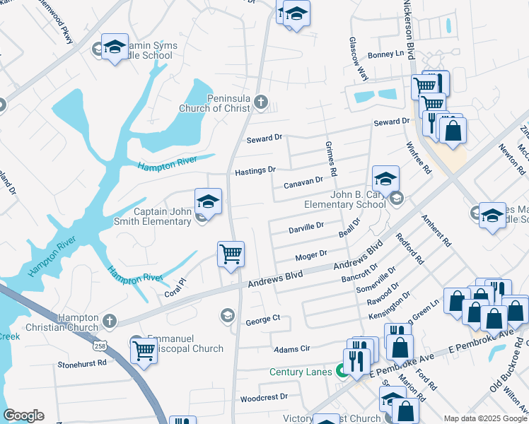 map of restaurants, bars, coffee shops, grocery stores, and more near 1507 Addison Road in Hampton