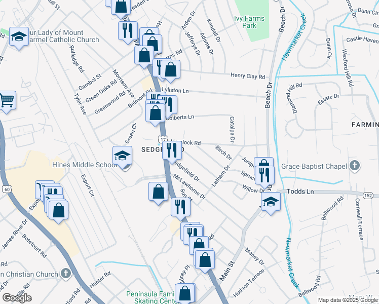 map of restaurants, bars, coffee shops, grocery stores, and more near 604 Willow Drive in Newport News