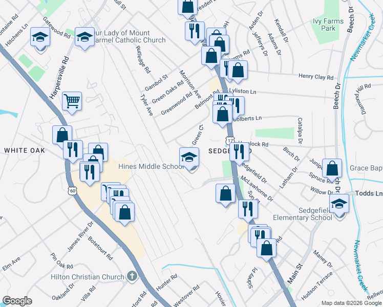 map of restaurants, bars, coffee shops, grocery stores, and more near 21 Green Court in Newport News