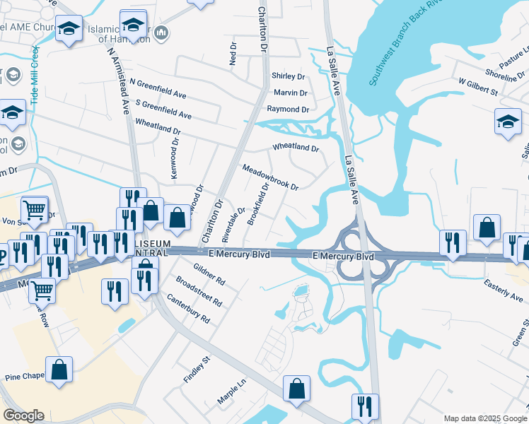 map of restaurants, bars, coffee shops, grocery stores, and more near 21 Riverdale Drive in Hampton