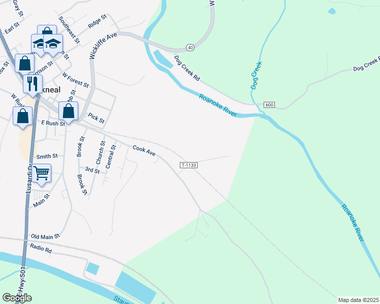 map of restaurants, bars, coffee shops, grocery stores, and more near 116 Reke Owen Street in Brookneal
