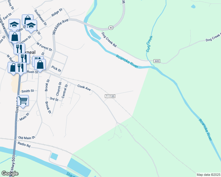 map of restaurants, bars, coffee shops, grocery stores, and more near 116 Reke Owen Street in Brookneal