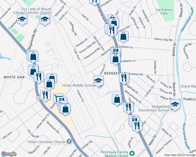 map of restaurants, bars, coffee shops, grocery stores, and more near 25 Green Court in Newport News
