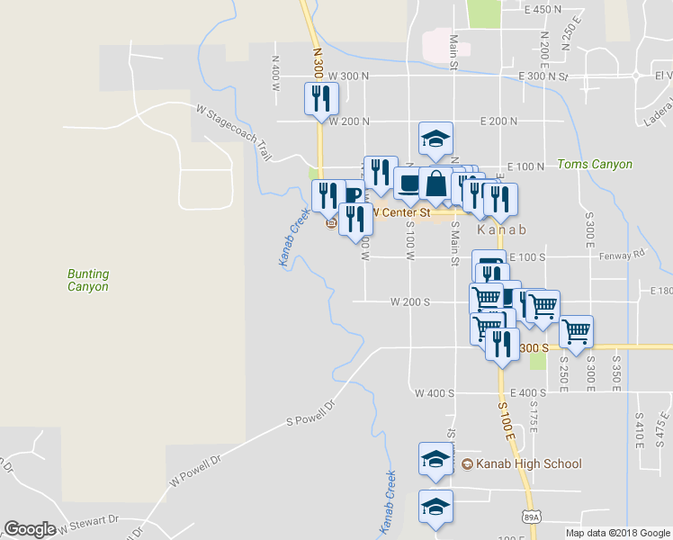 map of restaurants, bars, coffee shops, grocery stores, and more near 235 West 100 South in Kanab