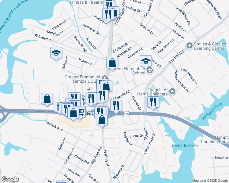 map of restaurants, bars, coffee shops, grocery stores, and more near 613 Jonquil Lane in Hampton