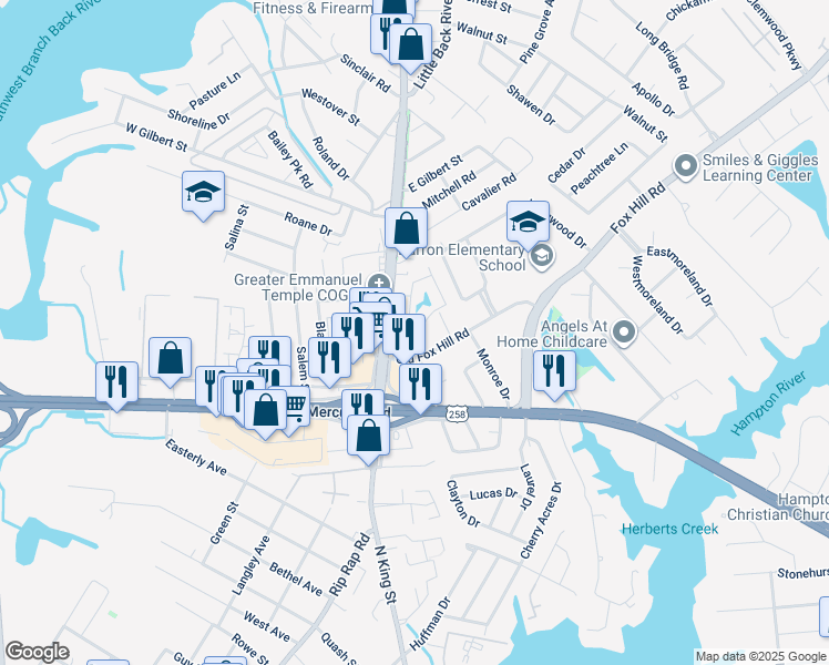 map of restaurants, bars, coffee shops, grocery stores, and more near 613 Jonquil Lane in Hampton