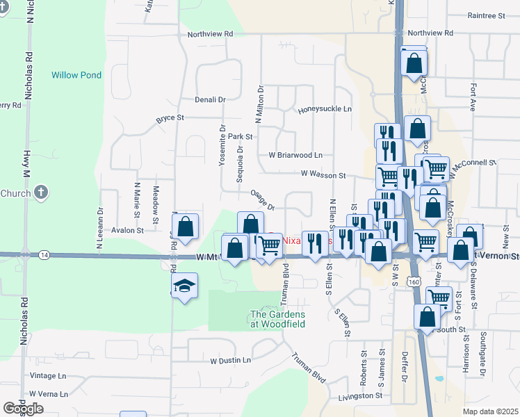 map of restaurants, bars, coffee shops, grocery stores, and more near 204 Osage Court in Nixa