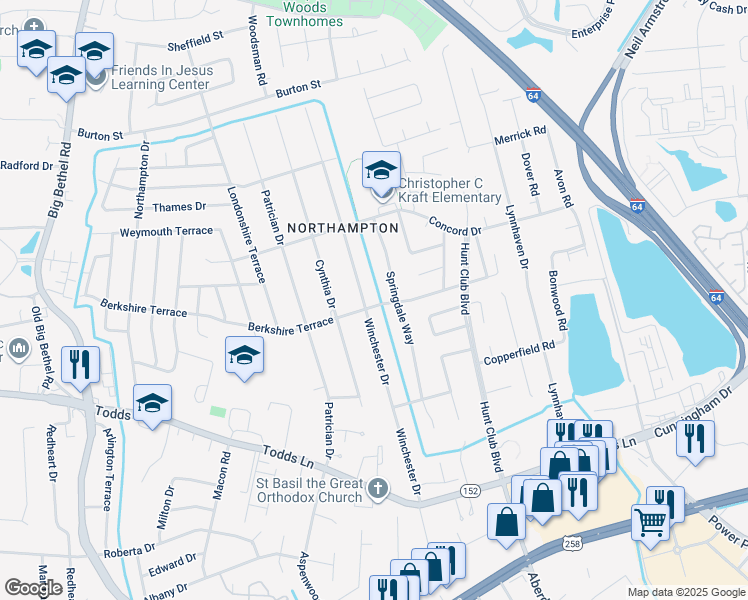 map of restaurants, bars, coffee shops, grocery stores, and more near 200 Winchester Drive in Hampton