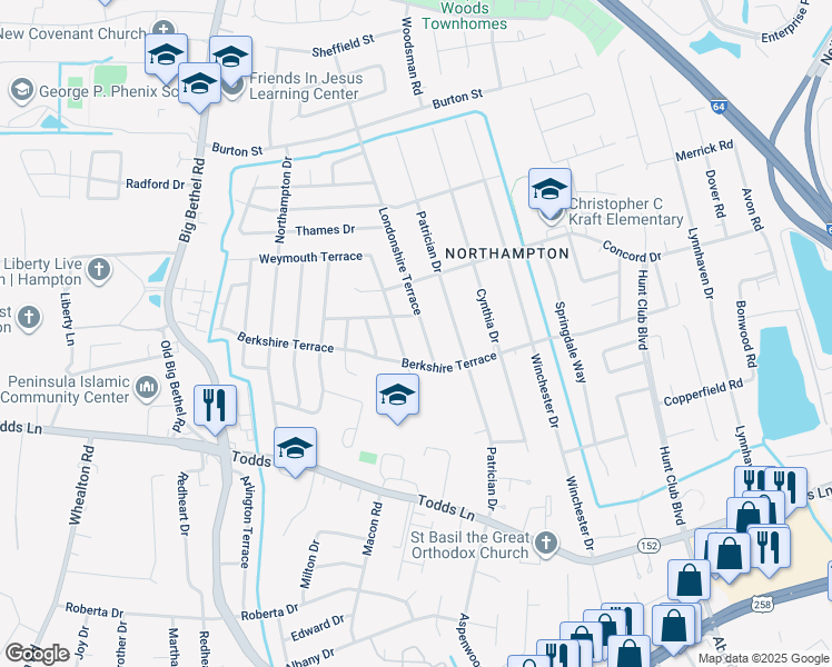 map of restaurants, bars, coffee shops, grocery stores, and more near 41 Londonshire Terrace in Hampton