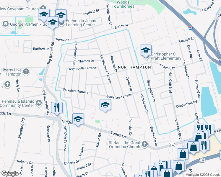 map of restaurants, bars, coffee shops, grocery stores, and more near 41 Londonshire Terrace in Hampton