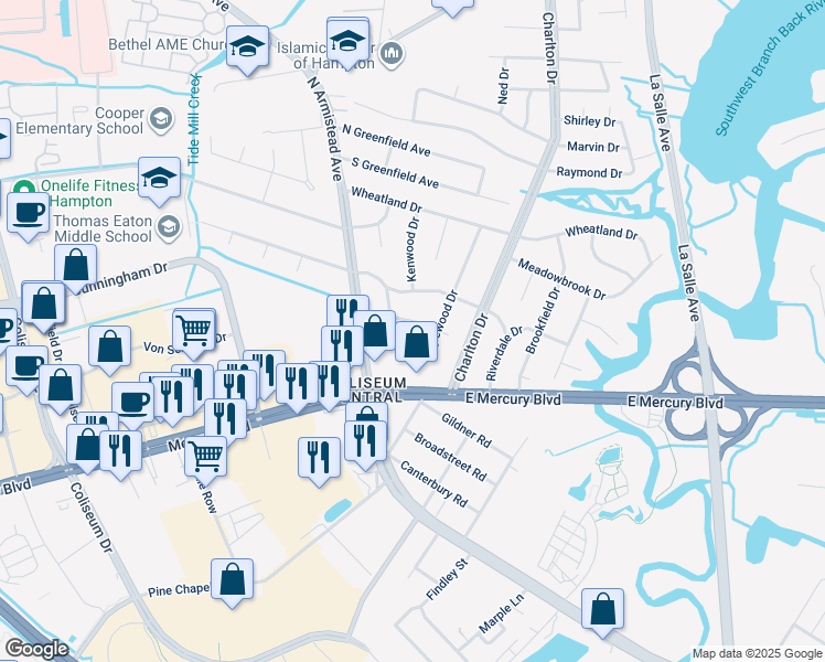 map of restaurants, bars, coffee shops, grocery stores, and more near 23 Lynnwood Drive in Hampton