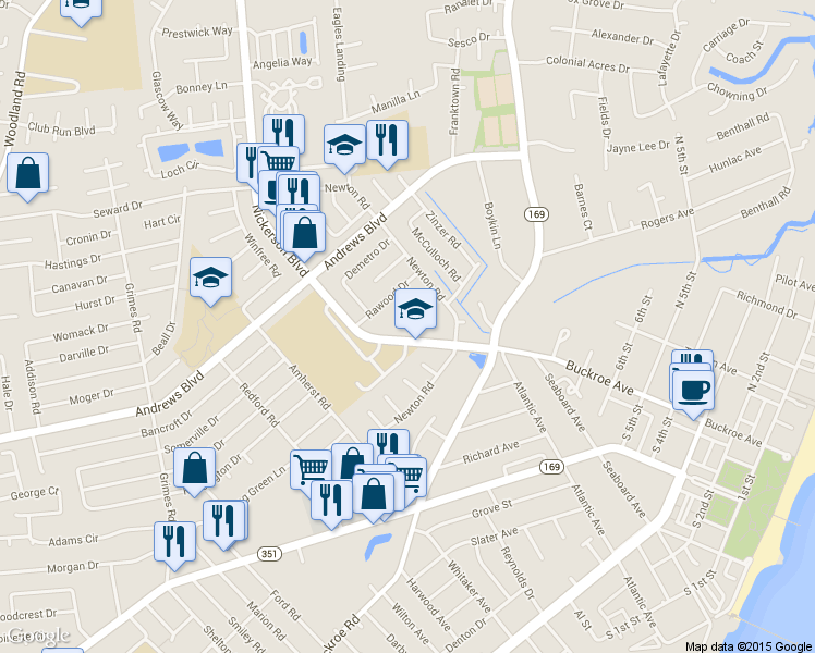 map of restaurants, bars, coffee shops, grocery stores, and more near 1816 Nickerson Boulevard in Hampton