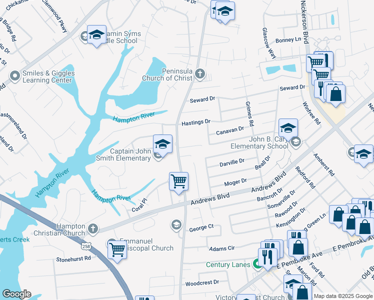 map of restaurants, bars, coffee shops, grocery stores, and more near 1404 Faulk Circle in Hampton