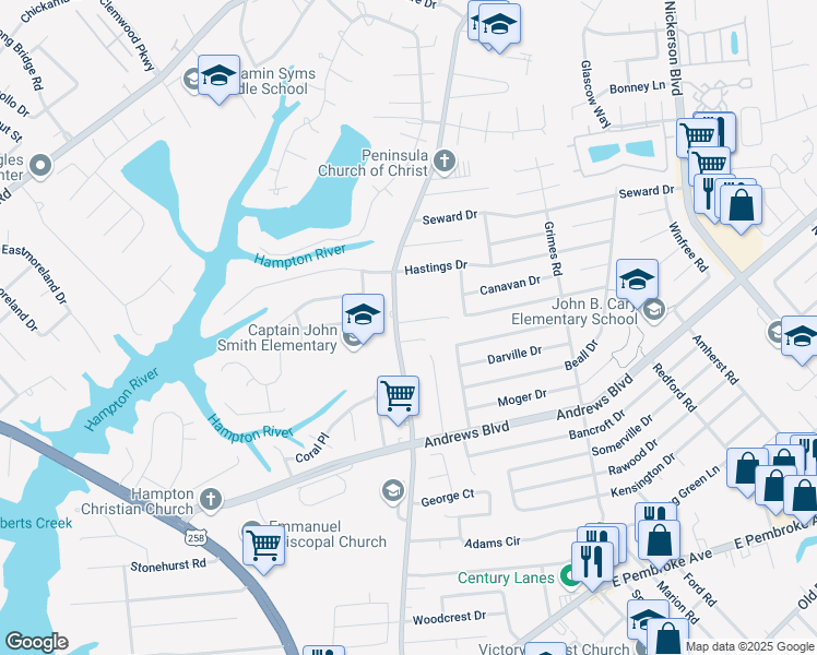 map of restaurants, bars, coffee shops, grocery stores, and more near 1404 Faulk Circle in Hampton