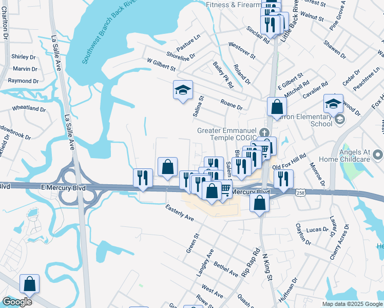 map of restaurants, bars, coffee shops, grocery stores, and more near 39 Parkway Drive in Hampton