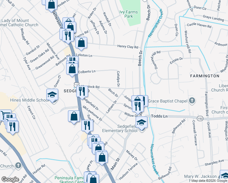 map of restaurants, bars, coffee shops, grocery stores, and more near 610 Birch Drive in Newport News