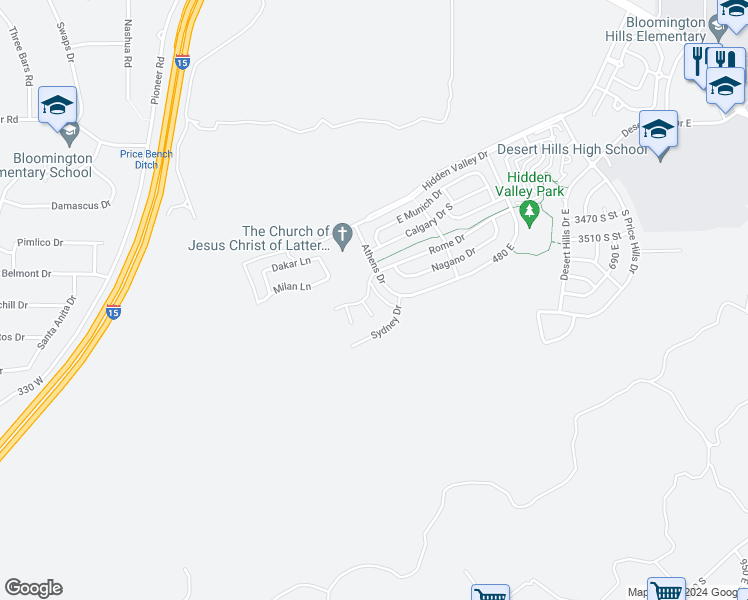map of restaurants, bars, coffee shops, grocery stores, and more near 3628 South Atlanta Lane in St. George