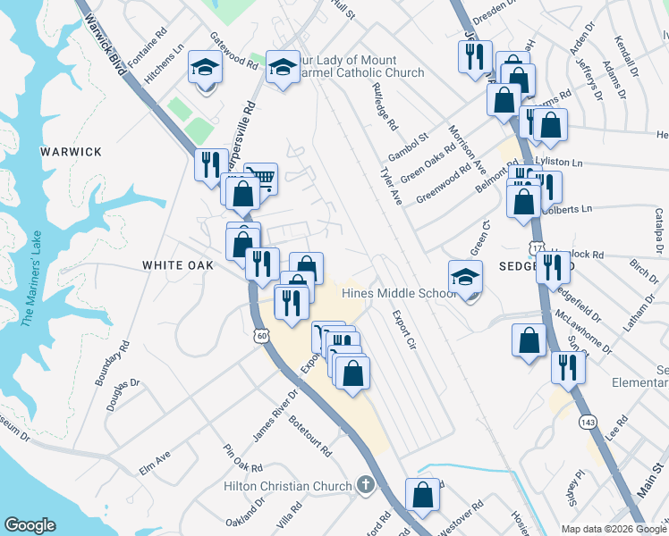 map of restaurants, bars, coffee shops, grocery stores, and more near 495 Nelson Drive in Newport News
