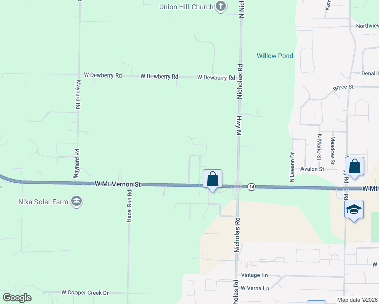 map of restaurants, bars, coffee shops, grocery stores, and more near 104 North Carlisle Drive in Nixa