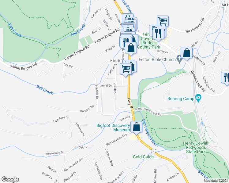 map of restaurants, bars, coffee shops, grocery stores, and more near 5859 Valley Drive in Felton