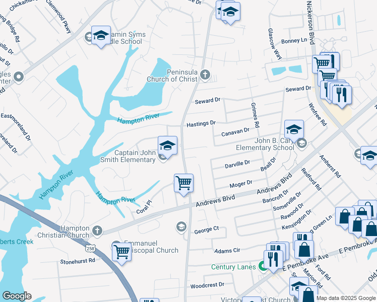 map of restaurants, bars, coffee shops, grocery stores, and more near 1404 Faulk Circle in Hampton
