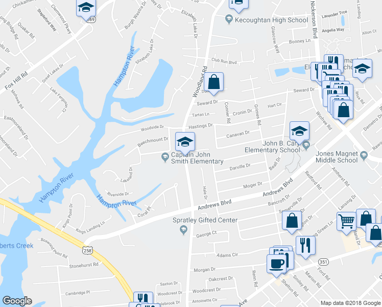 map of restaurants, bars, coffee shops, grocery stores, and more near 1402 Brackin Court in Hampton
