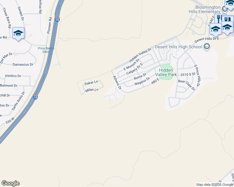 map of restaurants, bars, coffee shops, grocery stores, and more near 3628 South Atlanta Lane in St. George