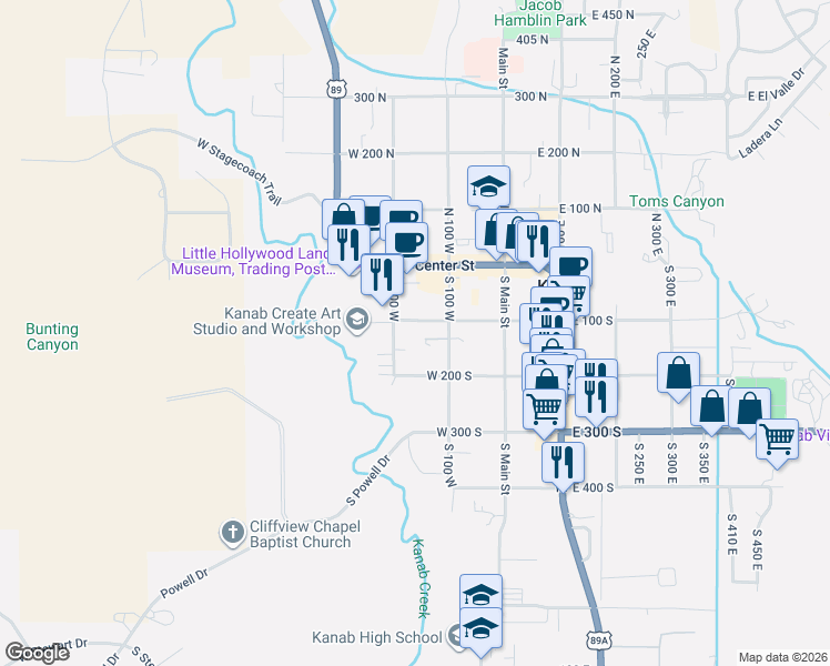 map of restaurants, bars, coffee shops, grocery stores, and more near 170 South 100 West in Kanab