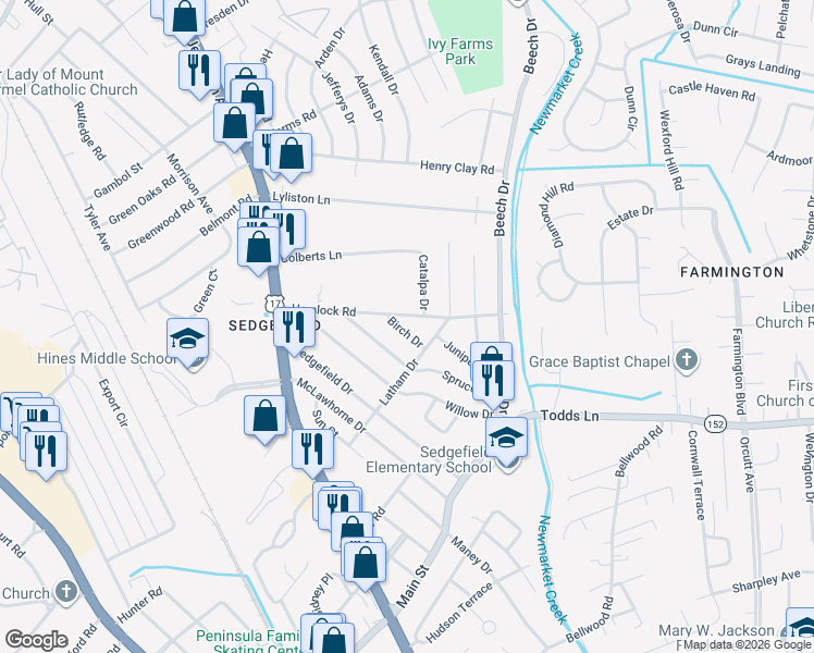 map of restaurants, bars, coffee shops, grocery stores, and more near 610 Birch Drive in Newport News