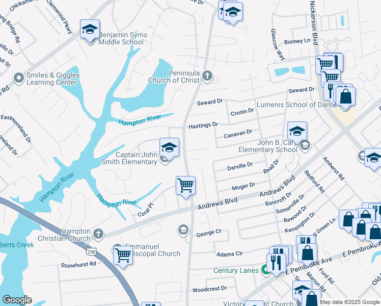 map of restaurants, bars, coffee shops, grocery stores, and more near 1402 Brackin Court in Hampton