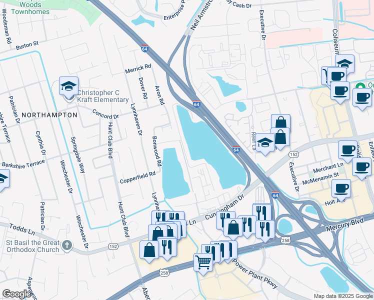 map of restaurants, bars, coffee shops, grocery stores, and more near 119 Reflection Lane in Hampton