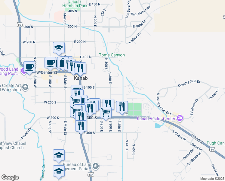 map of restaurants, bars, coffee shops, grocery stores, and more near 107 South 300 East in Kanab