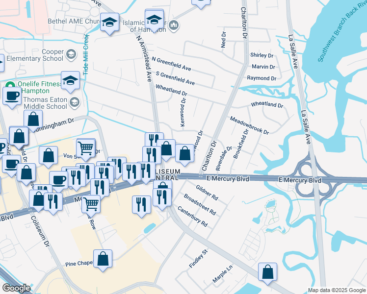 map of restaurants, bars, coffee shops, grocery stores, and more near 23 Lynnwood Drive in Hampton