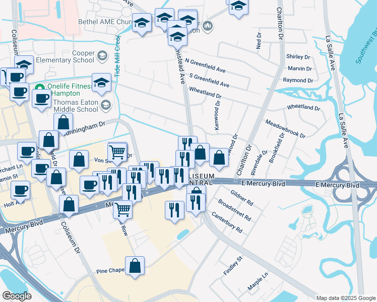 map of restaurants, bars, coffee shops, grocery stores, and more near 2013 North Armistead Avenue in Hampton